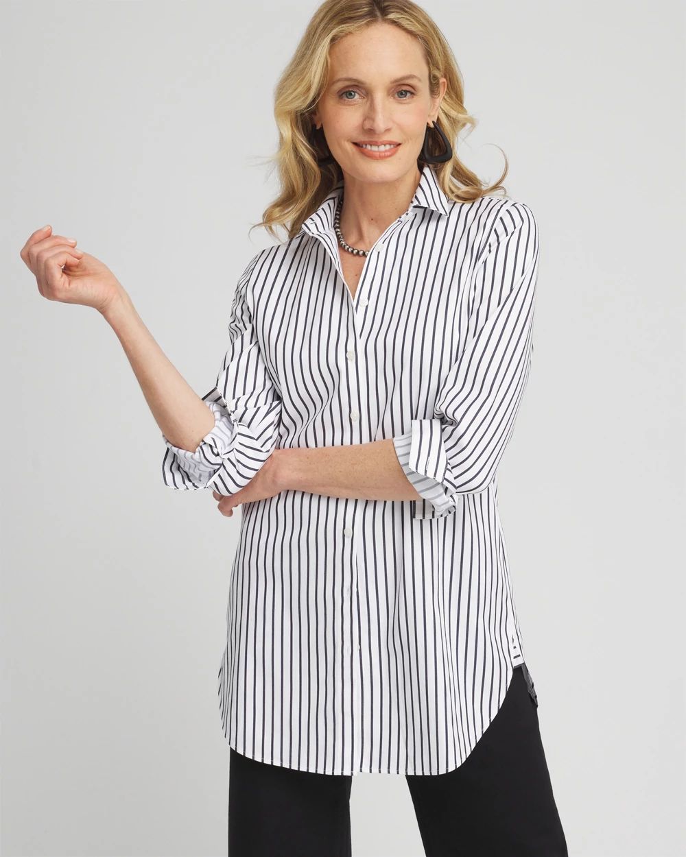 新品　mideal frill stripe tunic shirt /ネイビー mideal（マイディール）の「frill stripe tunic shirt / フリル